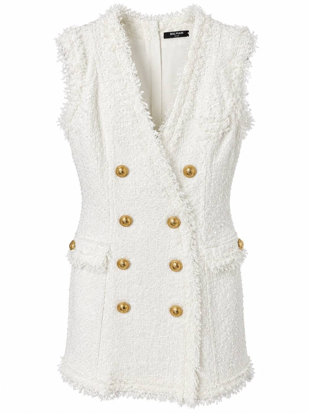 Balmain White Sleeveless Double-Breasted Tweed Vest with Gold Buttons